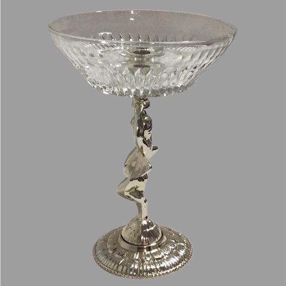 Vintage Silver Metal Cherub Taper Candle Holder w/Glass Compote Style Bowl - Picture 5 of 8